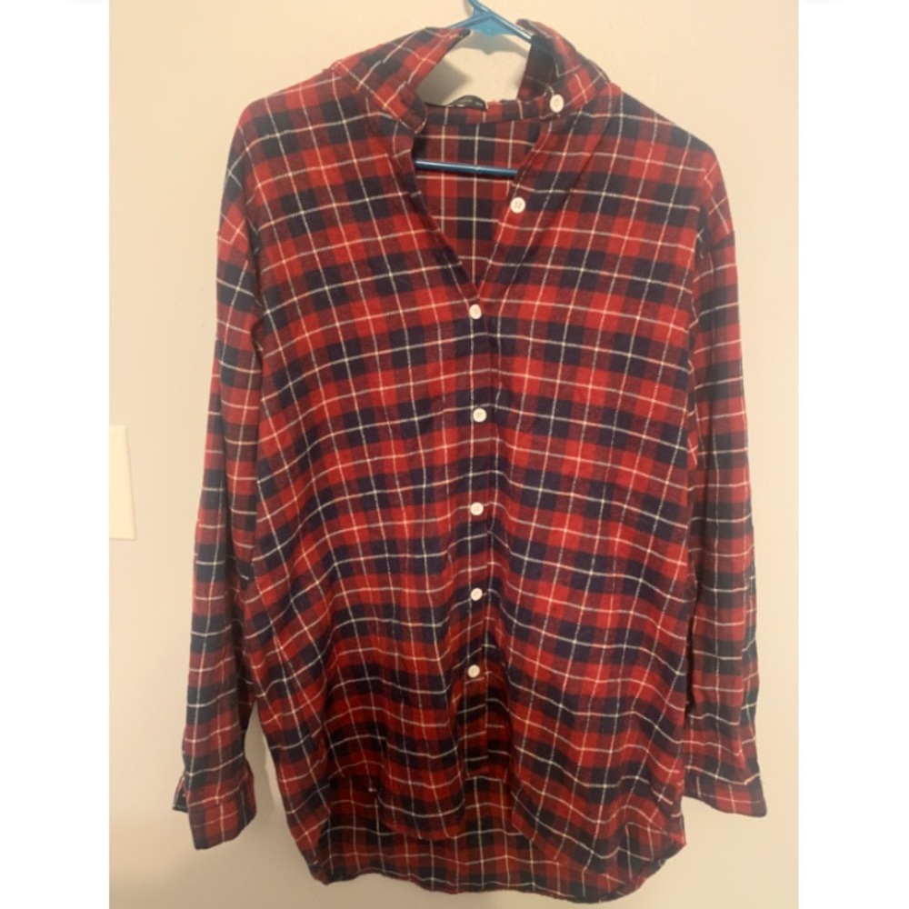 Slouchy, oversized red and blue flannel with white buttons